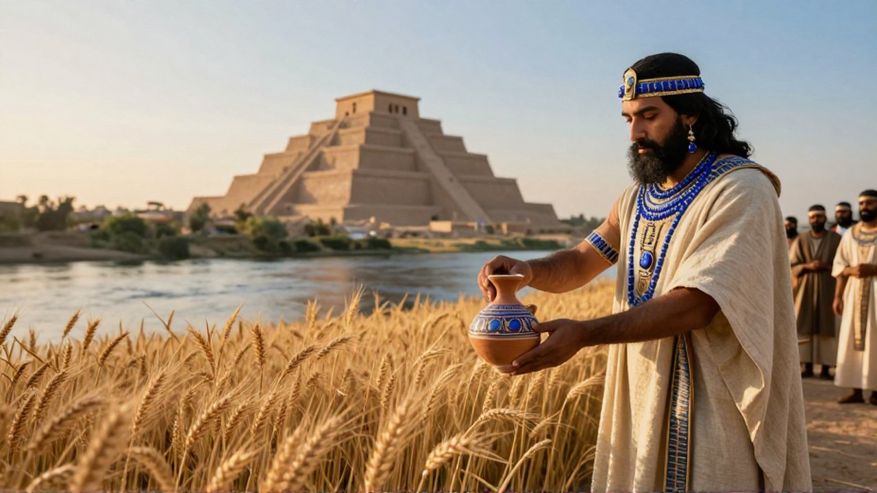 Un sacerdote sumerio vierte una libación sobre cultivos de cebada junto al río Tigris y un zigurat.