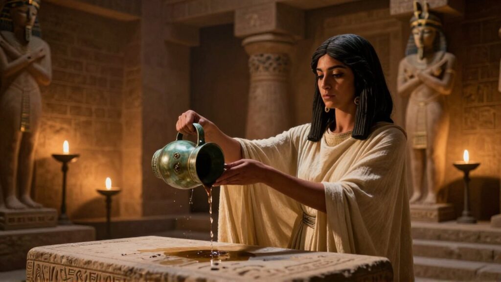 Una sacerdotisa vierte líquido desde un recipiente de bronce sobre un altar de piedra en un templo antiguo.