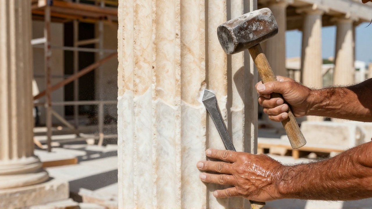 Un cantero talla con precisión una columna de mármol blanco en un sitio de construcción griego.