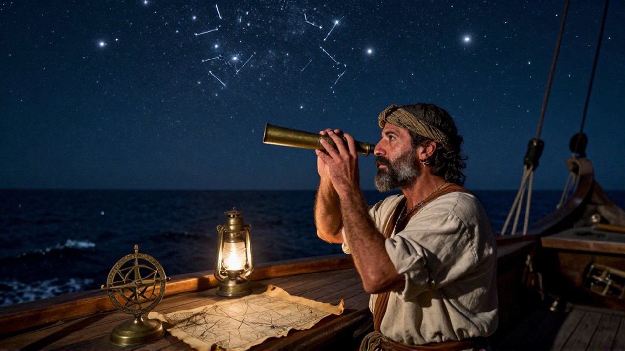 Navegante observando la estrella polar con un instrumento de bronce bajo un cielo estrellado nocturno.
