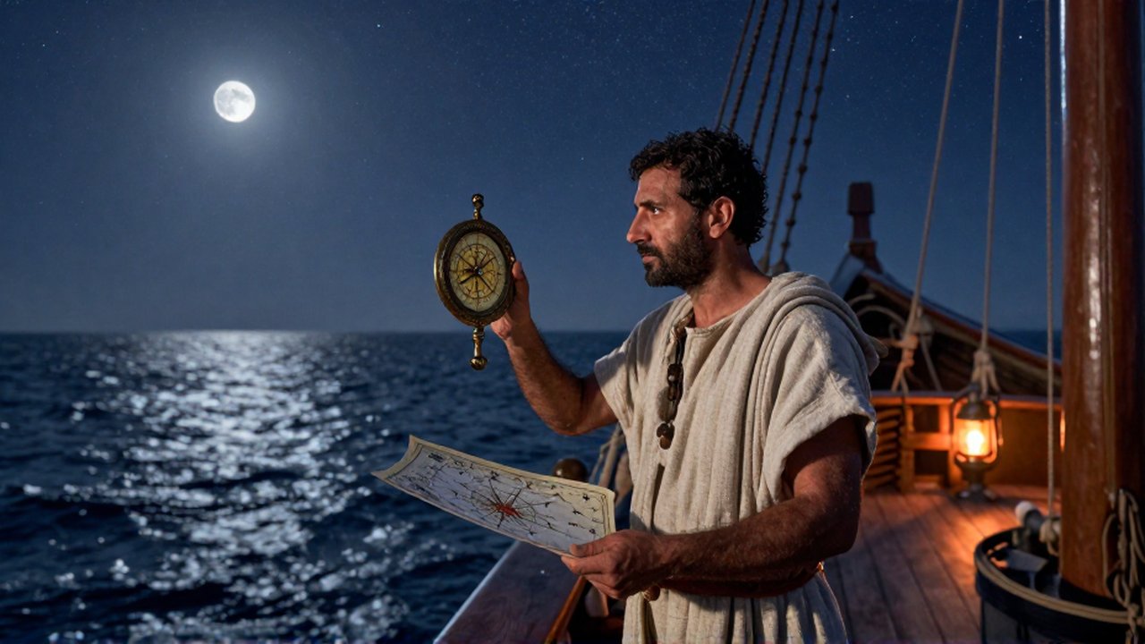 Navegante con túnicas de lino observa un mapa estelar sobre un barco en el mar nocturno.