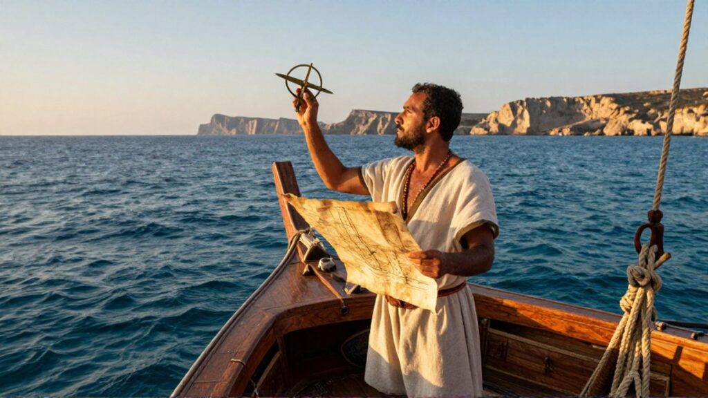 Navegante fenicio estudia un instrumento y un mapa sobre una galera de madera en el Mediterráneo.
