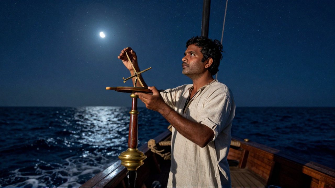 Navegante observando las estrellas con un instrumento de latón sobre un barco en el océano nocturno.