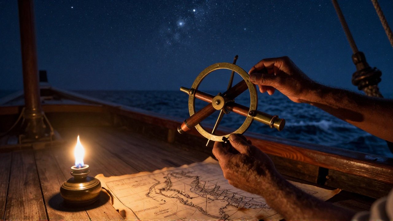 Manos curtidas ajustan un instrumento de bronce bajo un cielo estrellado sobre un barco antiguo.