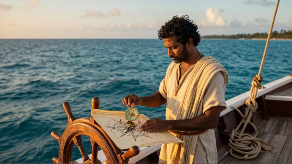 Navegante antiguo estudia un mapa de hojas de palma y una brújula sobre un barco en el océano.