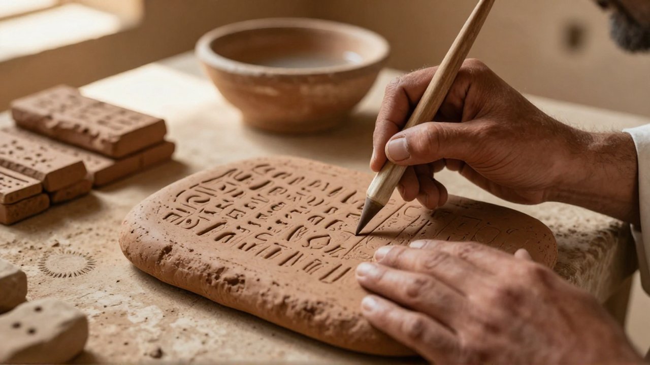 Manos de un escriba tallando símbolos cuneiformes con un estilete sobre una tablilla de arcilla húmeda.
