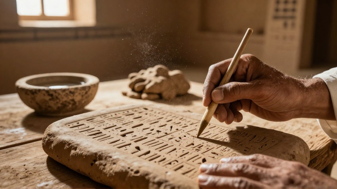Primer plano de unas manos usando un estilete de caña para grabar escritura cuneiforme en una tablilla de arcilla.