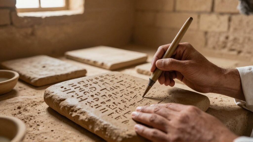 Manos de un escriba tallando caracteres cuneiformes con un estilete sobre una tablilla de arcilla húmeda.