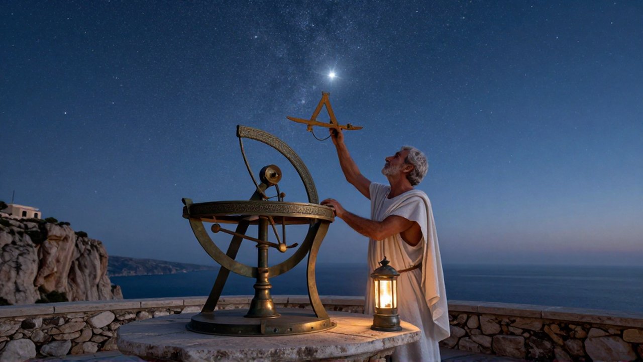 Astrónomo griego midiendo las estrellas con instrumentos de bronce en un observatorio frente al mar.