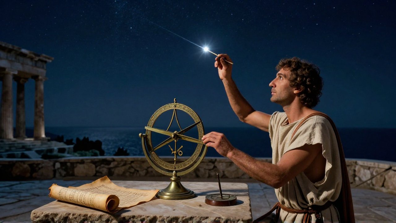 Un erudito griego utiliza un astrolabio de bronce para medir una estrella bajo un cielo nocturno.