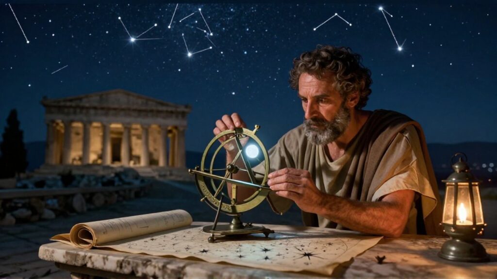 Un matemático antiguo mide las estrellas con un astrolabio de bronce sobre una terraza nocturna.