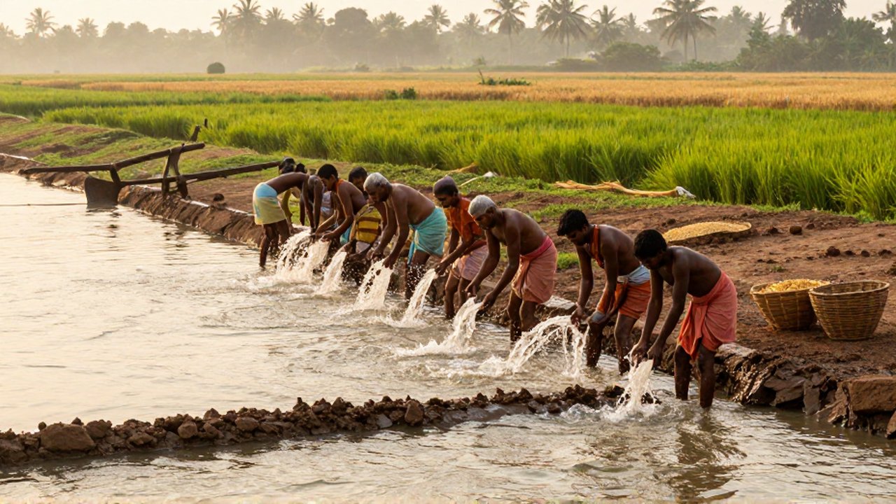 Agricultores dirigen agua del río Ganges hacia canales de tierra junto a campos de cultivo.
