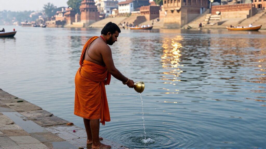 Un sacerdote vierte agua desde un recipiente de latón hacia el río Ganges al amanecer.