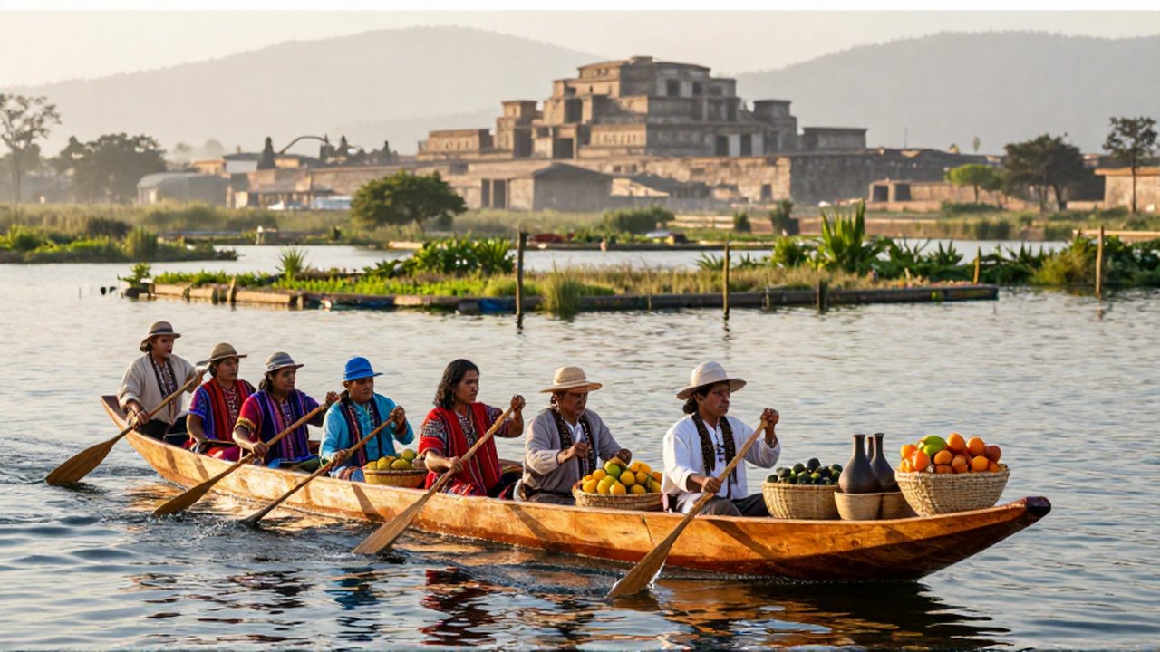 Mercaderes transportan textiles y productos agrícolas en una canoa por un lago rodeado de chinampas.