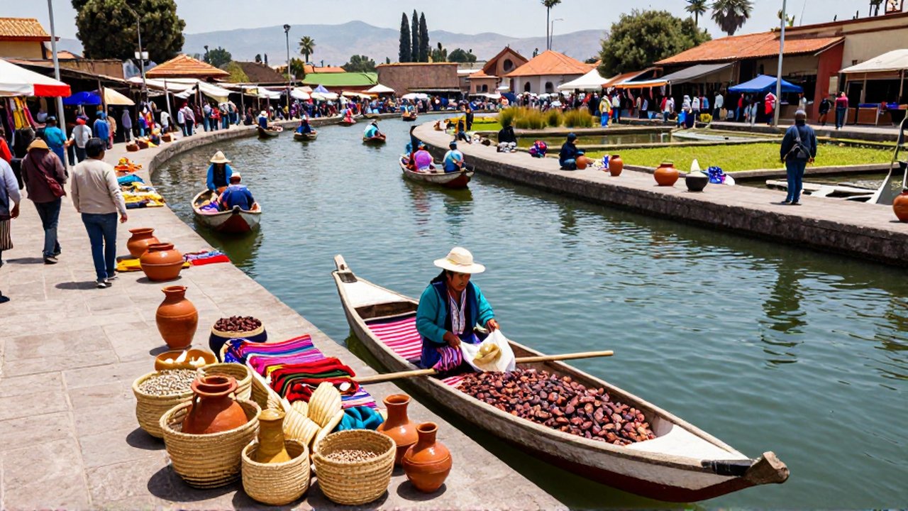 Un comerciante descarga textiles y cacao desde una canoa en un animado mercado lacustre.