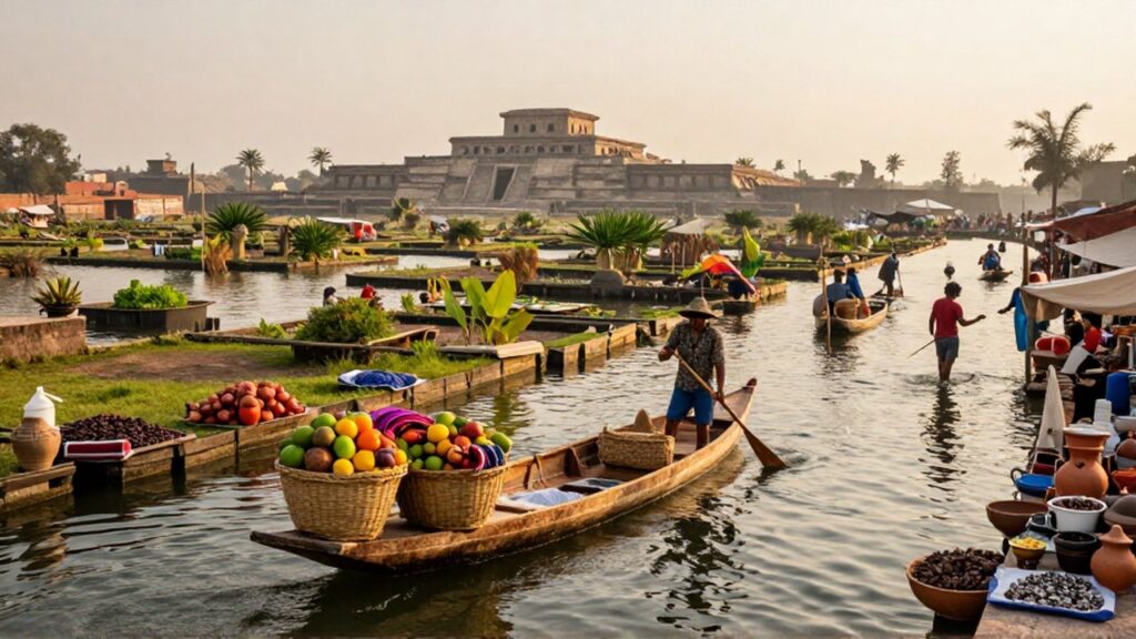 Un comerciante azteca rema una canoa cargada de frutas y textiles por los canales de Tenochtitlan.