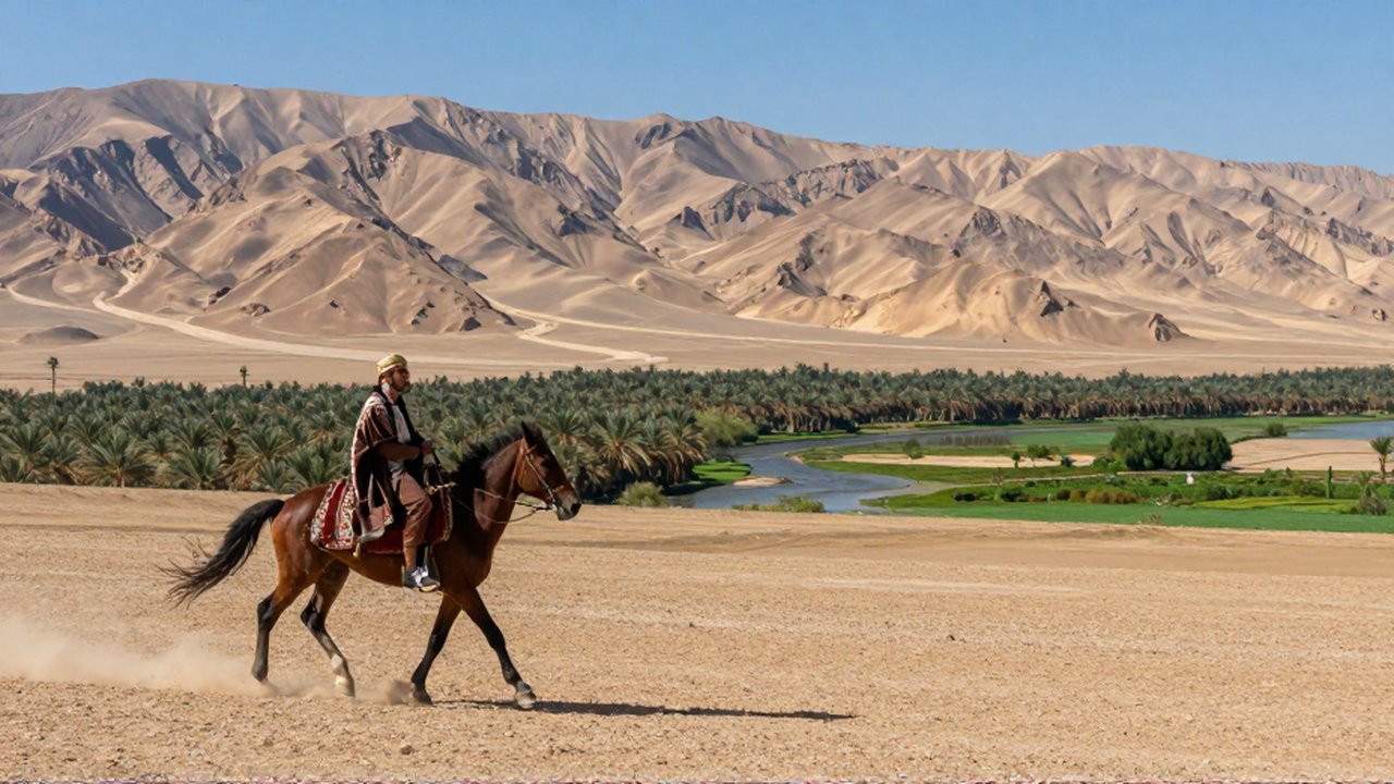 Mensajero persa a caballo galopando por una meseta árida hacia un oasis distante.
