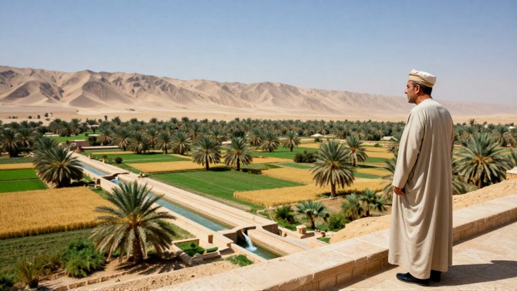 Un administrador observa desde una terraza un extenso oasis irrigado rodeado de un desierto árido.