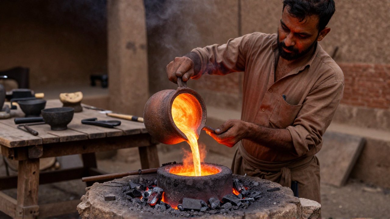 Un metalúrgico vierte bronce fundido de un crisol en un molde de piedra en un taller antiguo.