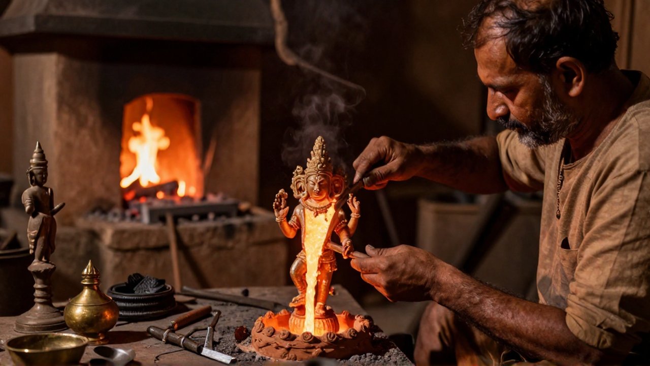Artesano en un taller antiguo vierte bronce fundido en un molde de terracota con luz tenue.