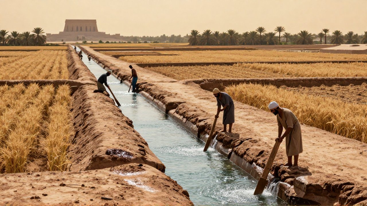 Agricultores antiguos dirigen agua de canales de irrigación hacia cultivos de cebada y palmeras.