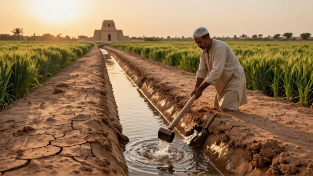 Un agricultor dirige el agua por un canal de tierra entre cultivos de cebada al atardecer.