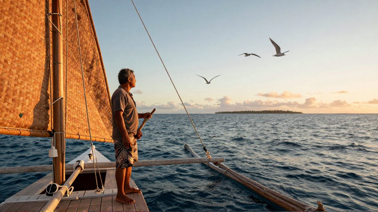 Navegante polinesio observa aves y el oleaje sobre una canoa tradicional durante el atardecer.