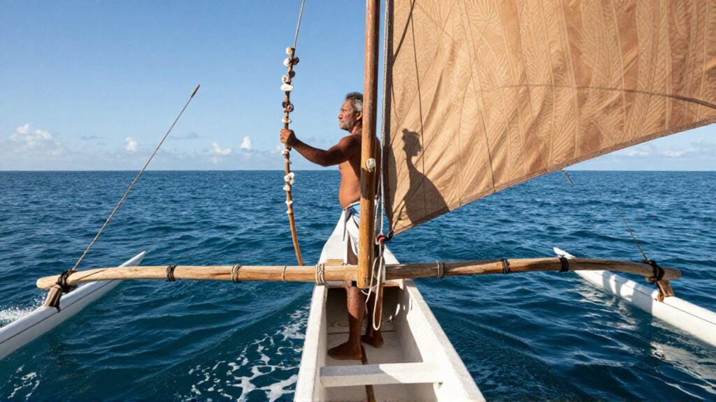 Un navegante polinesio observa el horizonte desde la borda de una canoa tradicional en el océano.