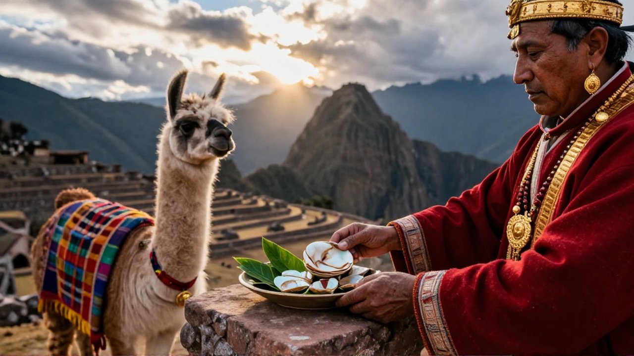 Un sacerdote con vestiduras tradicionales ofrece conchas y hojas de coca sobre un altar de piedra al amanecer.