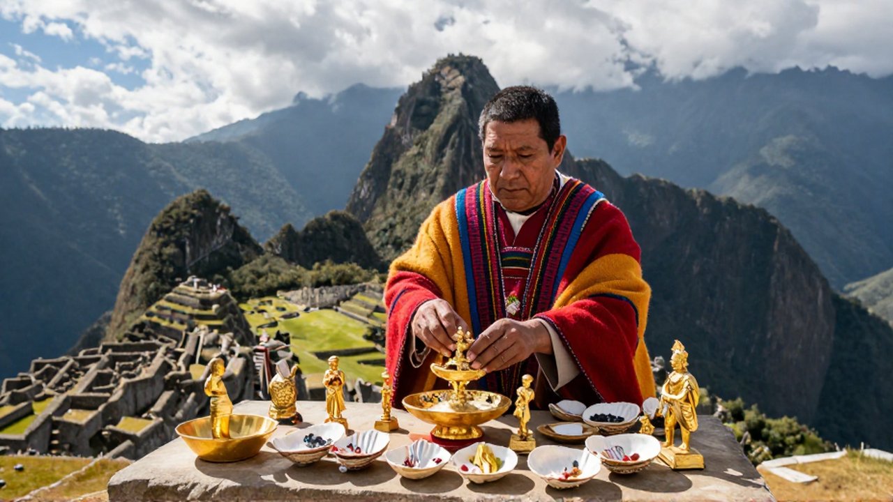 Un sacerdote con túnicas coloridas coloca ofrendas de oro sobre un altar de piedra frente a Machu Picchu.