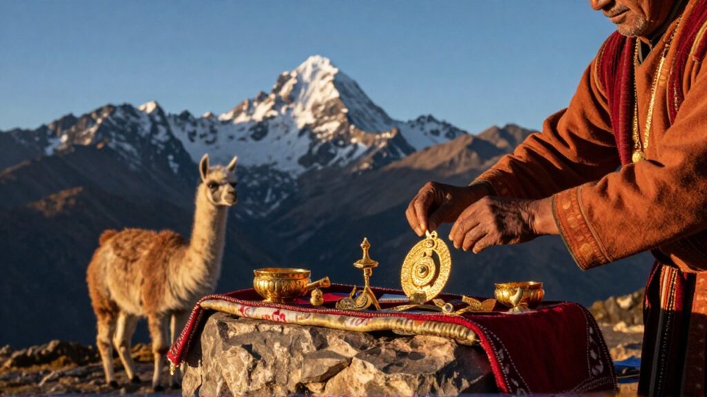 Un sacerdote ofrece ornamentos de oro sobre un altar de piedra en un paisaje montañoso.